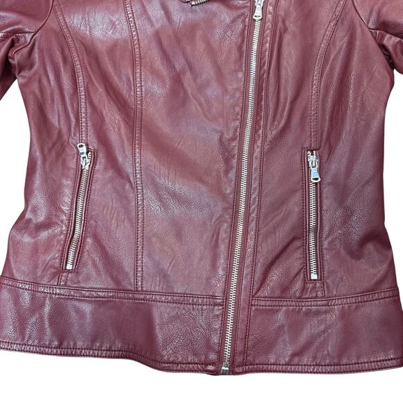Guess Faux Leather Maroon Zip Up Women's Moto Jacket - Picture 6 of 7